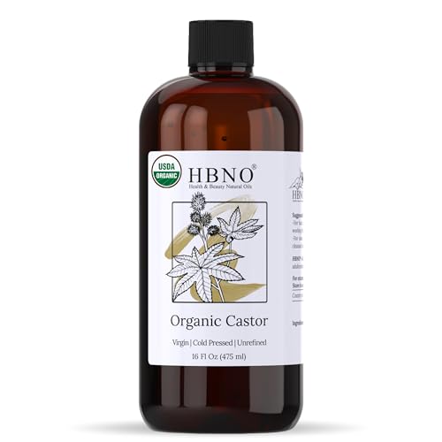 HBNO Organic Castor Oil - USDA Certified, Cold Pressed for Hair, Skin & Eyelashes - 16 fl oz