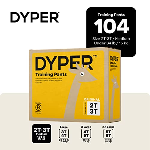 DYPER Diaper Training Pants - Hypoallergenic, Plant-Based, Comfortable Fit - Size 2T-3T, 104 Count