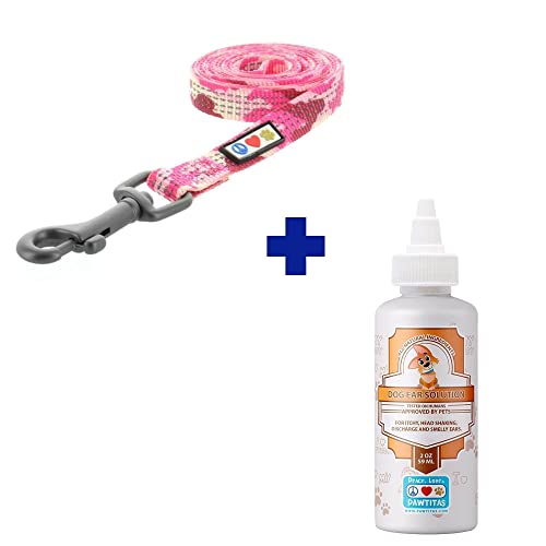 Pawtitas Pet Care Bundle - Reflective Leash & Natural Ear Cleaner for Dogs - Pink Camo