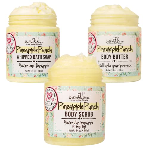 Bella & Bear Pineapple Bath & Body Gift Set - Nourishing Scrub, Soap & Butter - Travel Size