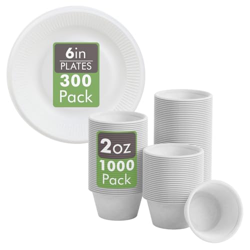 Vplus Compostable Paper Plates & Souffle Cups - Biodegradable, BPA-Free - 300 Plates, 1000 Cups