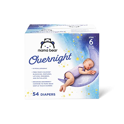 Mama Bear Overnight Disposable Baby Diapers - Hypoallergenic, Nighttime Protection - Size 6 (54 ct)