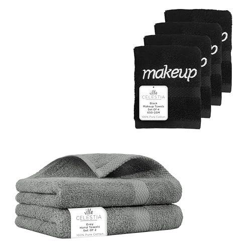 Soft 100% Cotton Hand Towel Set - Ultra Absorbent, OEKO-TEX Certified, Pack of 6, Grey & Black