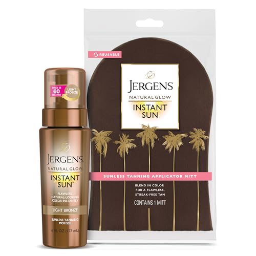 Jergens Natural Glow Self Tanner Bundle - Instant Bronze, Tropical Scent, 6oz with Mitt