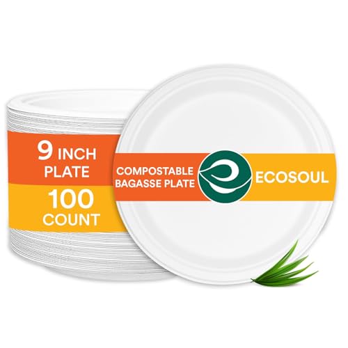 ECO SOUL 9-Inch Paper Plates - Compostable, PFAS-Free, Heavy-Duty, Microwavable - 100-Pack