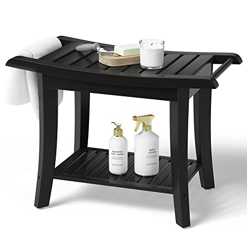 Bamboo Shower Stool - Space-Saving Design, Waterproof & Sturdy, Easy Assembly - Black