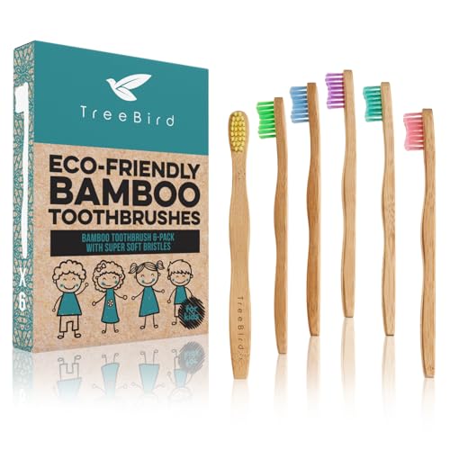 TreeBird Kids Bamboo Toothbrush 6-Pack - Extra Soft Bristles, Biodegradable Packaging - Colorful