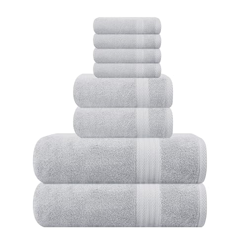 GLAMBURG Ultra Soft Towel Set - Luxurious 100% Pure Cotton, 8 Pieces, Light Grey