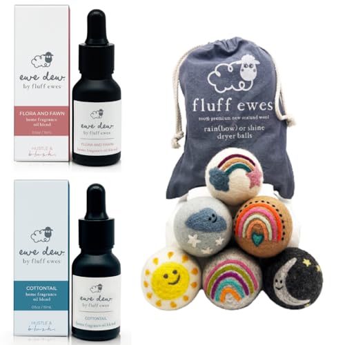 Fluff Ewes Wool Dryer Balls & Ewe Dew Essential Oil Set - Chemical Free, Hypoallergenic - 3 Pack