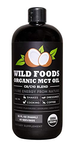 Wild Foods Organic MCT Oil C8/C10 - Pure Fuel from 100% Coconuts, USDA Certified - 32oz