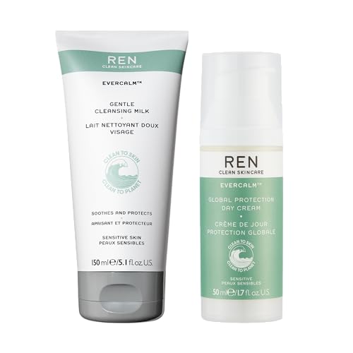 REN Evercalm Day Cream & Gentle Cleansing Milk - Hydrate & Soothe Sensitive Skin - 50ml