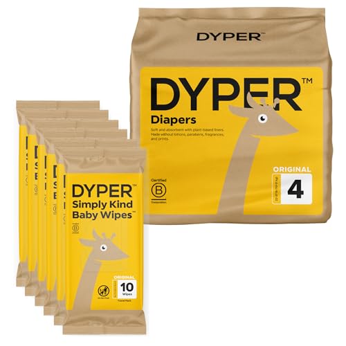 DYPER Size 4 Bamboo Diapers & 60 Wipes - Soft, Absorbent, Hypoallergenic - 24 Diapers, 60 Wipes