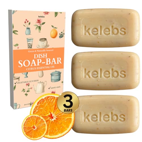 KELEBS Citrus Essential Oil Dish Soap Bar - Hypoallergenic, Non-Toxic, Zero Waste - Pack of 3