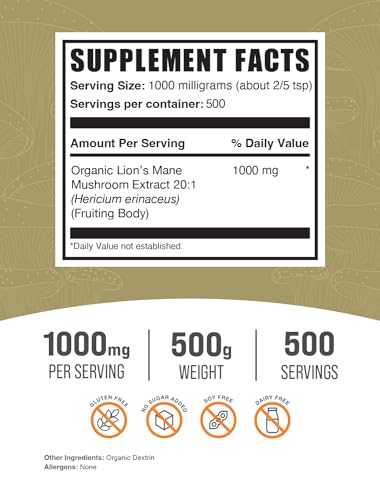 BulkSupplements Organic Lion's Mane Mushroom Extract - Nutrient-Rich, Gluten-Free, 1000mg - 500g