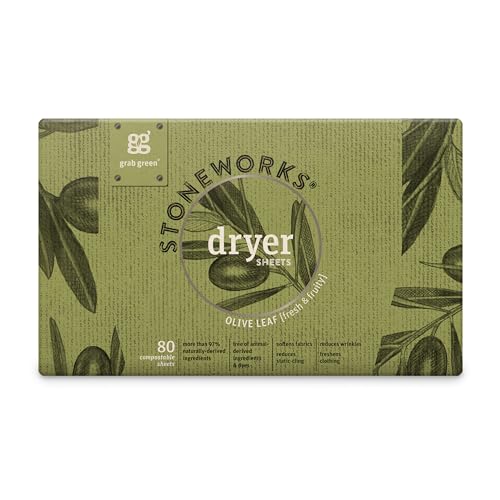 Grab Green Stoneworks Dryer Sheets - Softens Fabrics, Reduces Wrinkles, Olive Leaf Scent - 80 Sheets