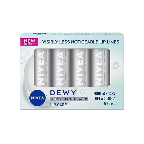 NIVEA Dewy Lip Balm - Reduces Lip Lines, All-Day Moisture, Vegan Formula - 0.18 Oz, Pack of 4