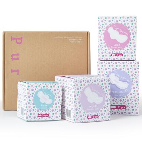 PurComfy Feminine Care Set - 63-Piece Tween Period Kit, 100% Cotton Pads for All Flows