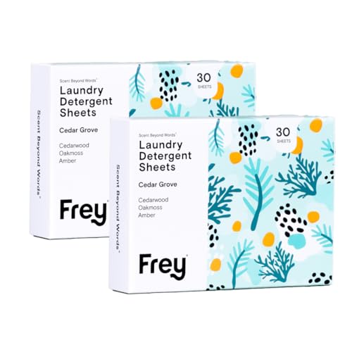 FREY Laundry Detergent Sheets - Powerful Stain Removal, Cedar Grove Scent - 60 Sheets (Pack of 2)