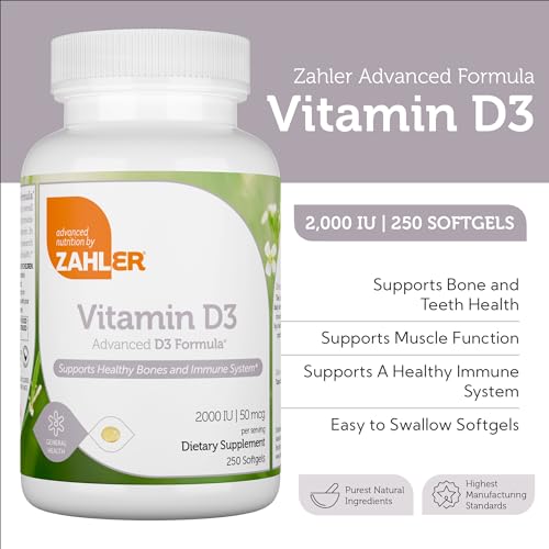 Zahler Vitamin D3 2000 IU Softgels - Immune, Bone & Teeth Support - 250 Count, Vegetarian