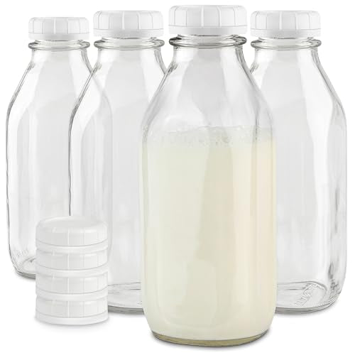 Stock Your Home Glass Milk Bottle Set - Reusable, Dishwasher Safe, 32 Oz, 4 Jugs with 8 Caps