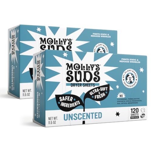 Molly's Suds Fabric Softener Dryer Sheets - Plant-Based Static Reducer, Unscented - 240 Sheets