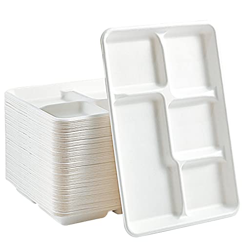 Vplus Compostable 5-Compartment Paper Plates - Sturdy, Biodegradable, 100 Pack - 12.5x8.6 inch