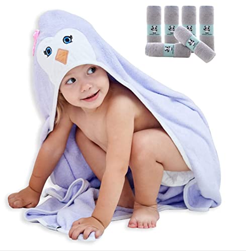 HIPHOP PANDA Baby Towel & Washcloths - Ultra Soft, Hypoallergenic, 6 Pack, Purple Penguin - 37.5in