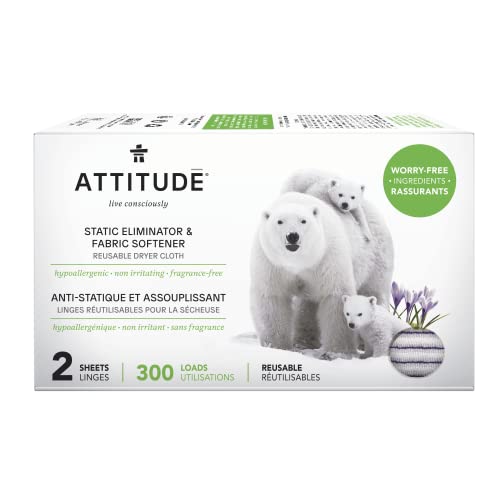 ATTITUDE Fabric Softener - Static Eliminator, Hypoallergenic, Vegan - 300 Loads, 2 Reusable Sheets