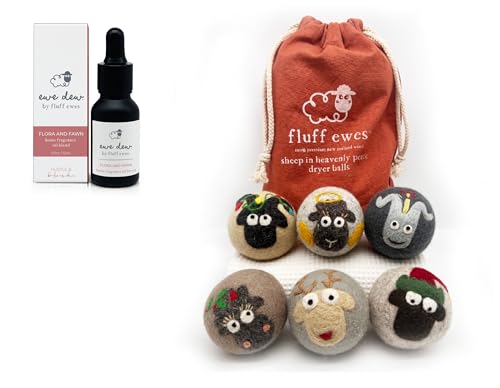 Fluff Ewes Wool Dryer Balls - Natural Fabric Softener, Hypoallergenic, 2 Pack + Ewe Dew Oil