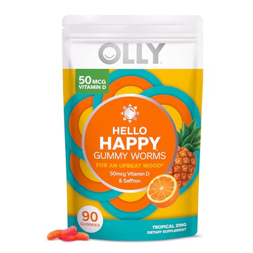 OLLY Hello Happy Gummy Worms - Mood Balance with Saffron & Vitamin D, Tropical Zing - 90 Count