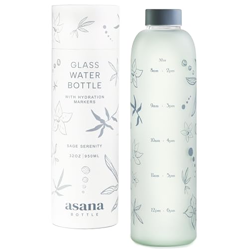 Asana Bottle 32oz Glass Water Bottle - Time Markers, BPA Free, Leakproof, Sage Serenity