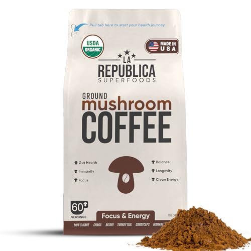 La Republica Ground Mushroom Coffee - Brain Boosting Blend with 7 Superfood Mushrooms, 60 Servings