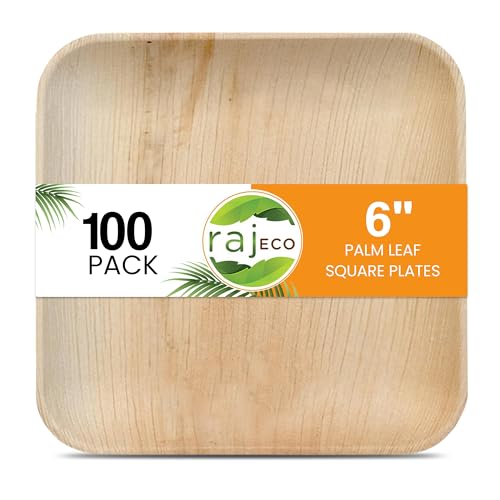 Raj Palm Leaf Plates - Unique Disposable Tableware, Non-Toxic & Compostable - 6" Square, 100-Pack