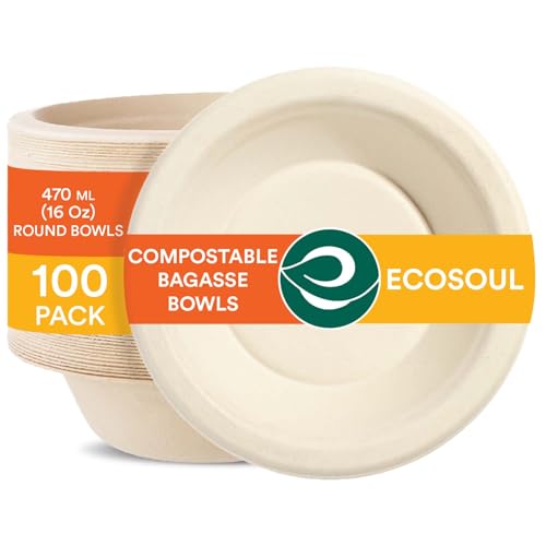 ECO SOUL Compostable 16 Oz Bowls - Sturdy, Biodegradable, BPI Certified - 100-Pack