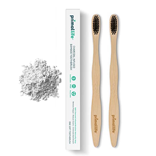 Primal Life Organics Charcoal Toothbrush - Gentle on Gums, Bamboo & Charcoal, 2-Pack