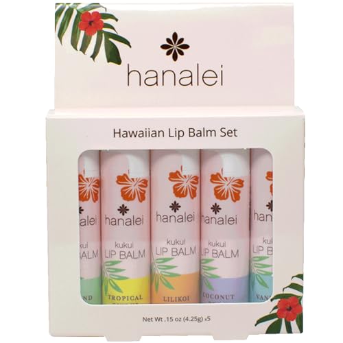 Hanalei Lip Balm - Restores Dry Lips with Kukui Oil, Variety Pack of 5 Tropical Scents