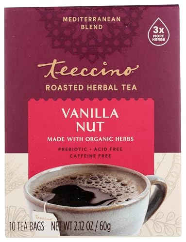 Teeccino Vanilla Nut Herbal Tea - Caffeine-Free, Prebiotic for Gut Health - 10 Tea Bags