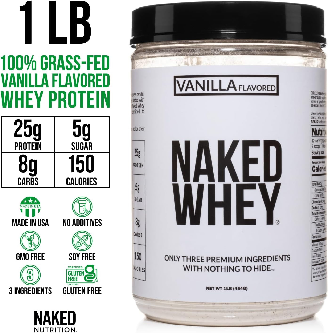 Nutrition Vanilla Whey Protein 1Lb, Only 3 Ingredients, All Natural Grass Fed Whey Protein Powder + Vanilla + Coconut Sugar- Gmo-Free, Soy Free, Gluten Free. Aid Muscle Growth, 12 Servings