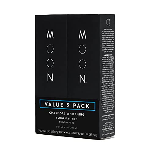 MOON Charcoal Toothpaste - Fluoride-Free Stain Removal, Vegan, Lunar Peppermint - 4.2oz (2 Pack)