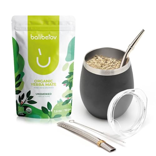 BALIBETOV Yerba Mate Cup & Bombilla Kit - Organic Unsweetened Tea, Stainless Steel - 8oz