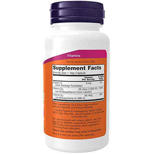 NOW Foods Vitamin D-3 & K-2 - Supports Bone & Cardiovascular Health, Non-GMO - 120 Veg Capsules