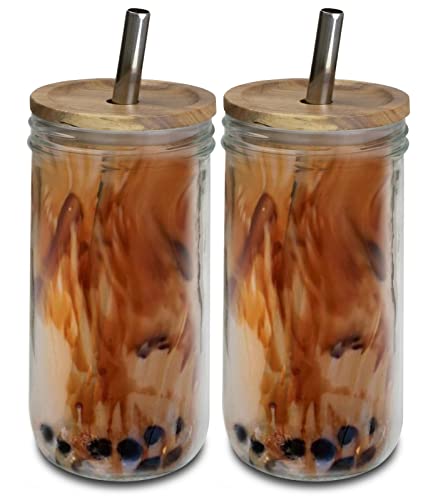 Brimley 20oz Glass Boba Cup Set - Versatile Tumbler with Acacia Lid & Stainless Straws - 2 Pack