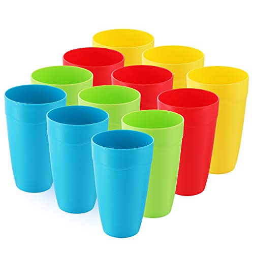 Kids Reusable Plastic Cups - BPA Free, Microwave & Dishwasher Safe, 15oz, Set of 12 in 4 Colors