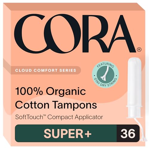 Cora Organic Tampons - 100% Organic Cotton, Super Plus Absorbency, BPA-Free Applicator - 36 Count