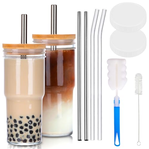 Moretoes 24oz Glass Cups Set - Reusable with Bamboo Lids & Straws, Perfect for Cold Beverages