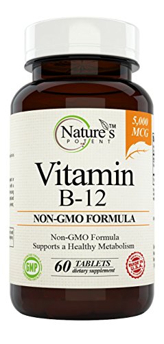 Nature's Potent Vitamin B12 - Boosts Energy & Metabolism, Non-GMO, 5000mcg - 60 Tablets