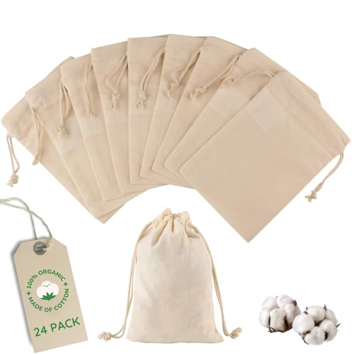 Greenmile Organic Cotton Muslin Bags - Durable, Biodegradable, Ideal for Crafts & Gifts - 24 Pack