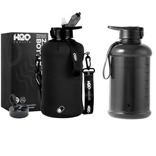 H2O Capsule Half Gallon Water Bottle - Time Markers, Storage Sleeve, Covered Straw - 2.2L