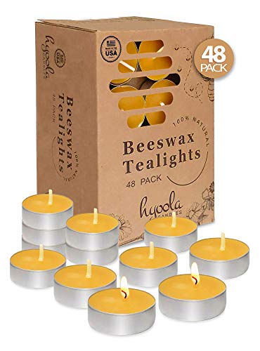 HYOOLA Beeswax Tealight Candles - 100% Pure Natural, Hypoallergenic, Lead-Free - 48 Pack