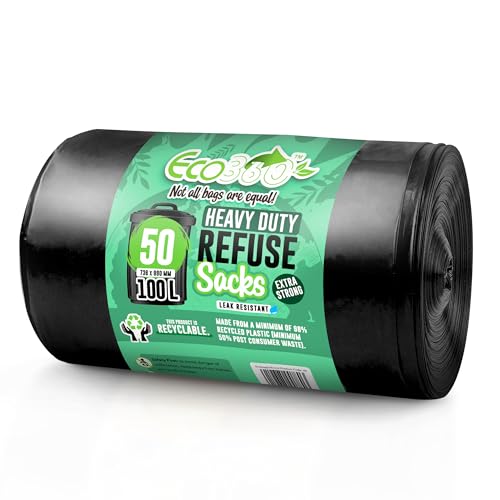 Eco Bag Heavy Duty Trash Bags - 98% Recycled, Leak Resistant, 50 Count, 100L Capacity